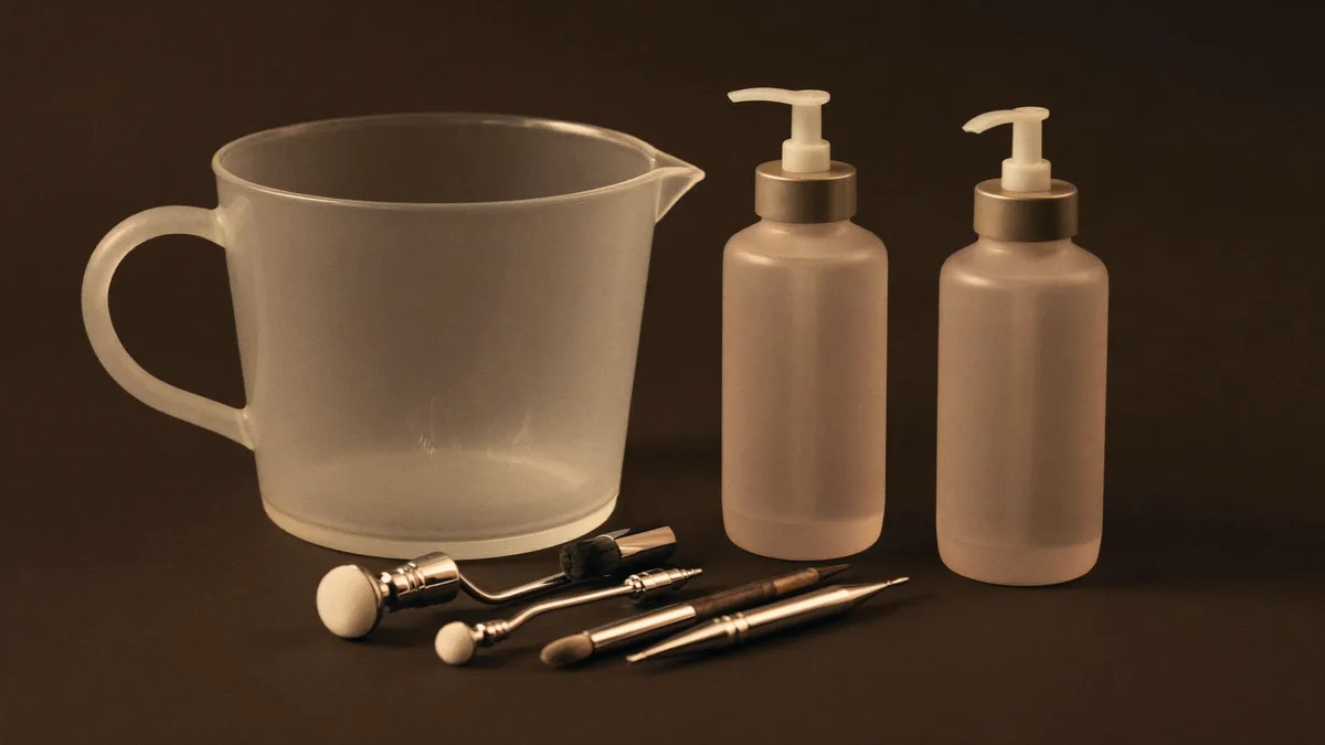 Airbrush parts and cleaning pot on a mat